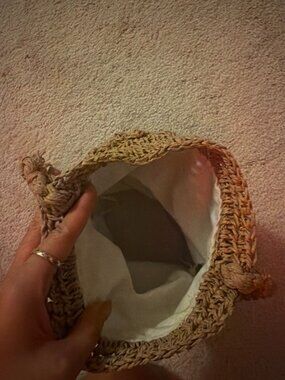 Crochet Straw Mini Shoulder Bag — Tan Bubble Weave, Braided Strap, Lined